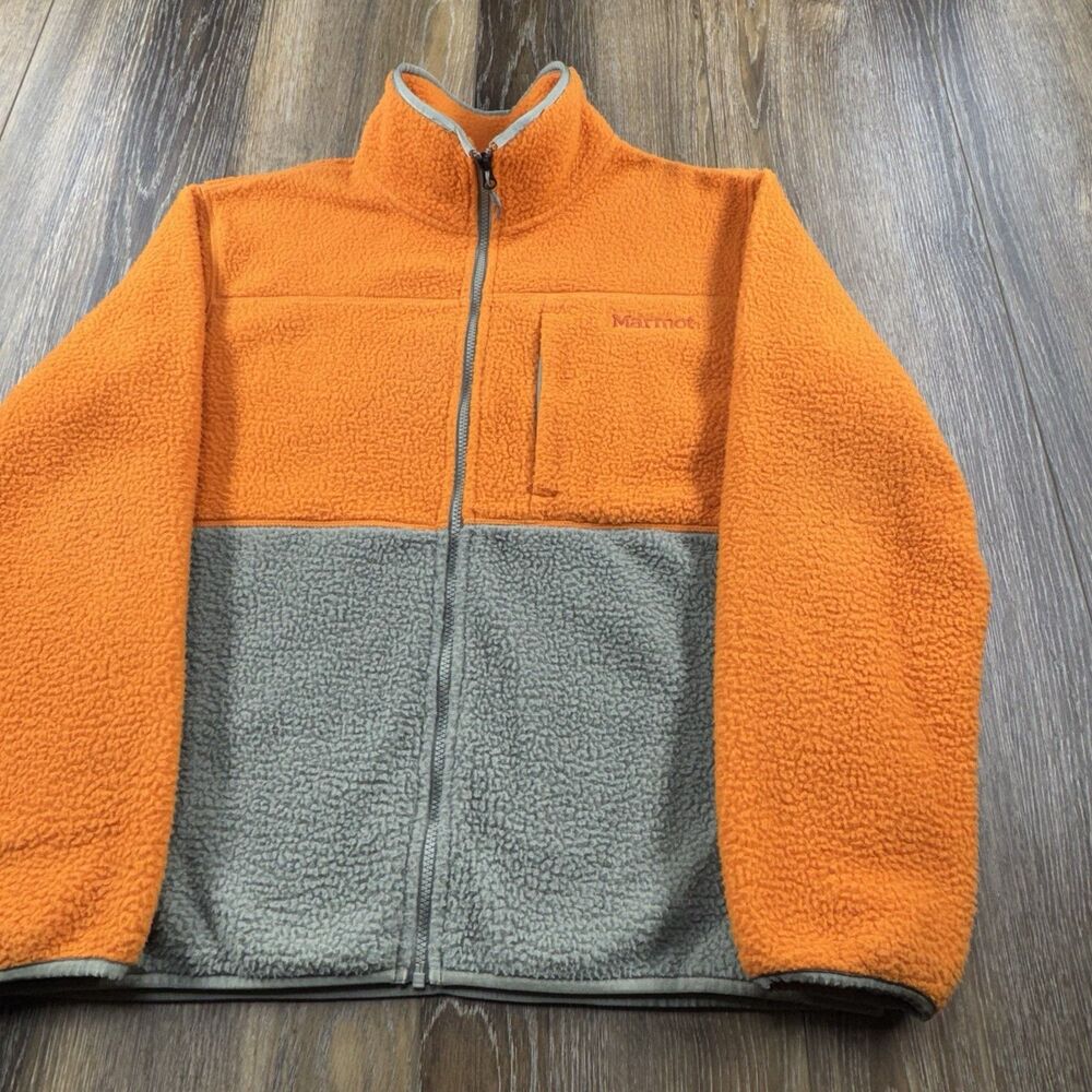 Marmot Sweatshirt Mens M Orange Hiking Deep Pile Fleece Zip Up Mountain Sweater